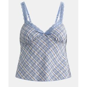 No Boundaries Lace Trim‎ Plaid Sweetheart Coquette Cami Top Blue L (12-14) NWT